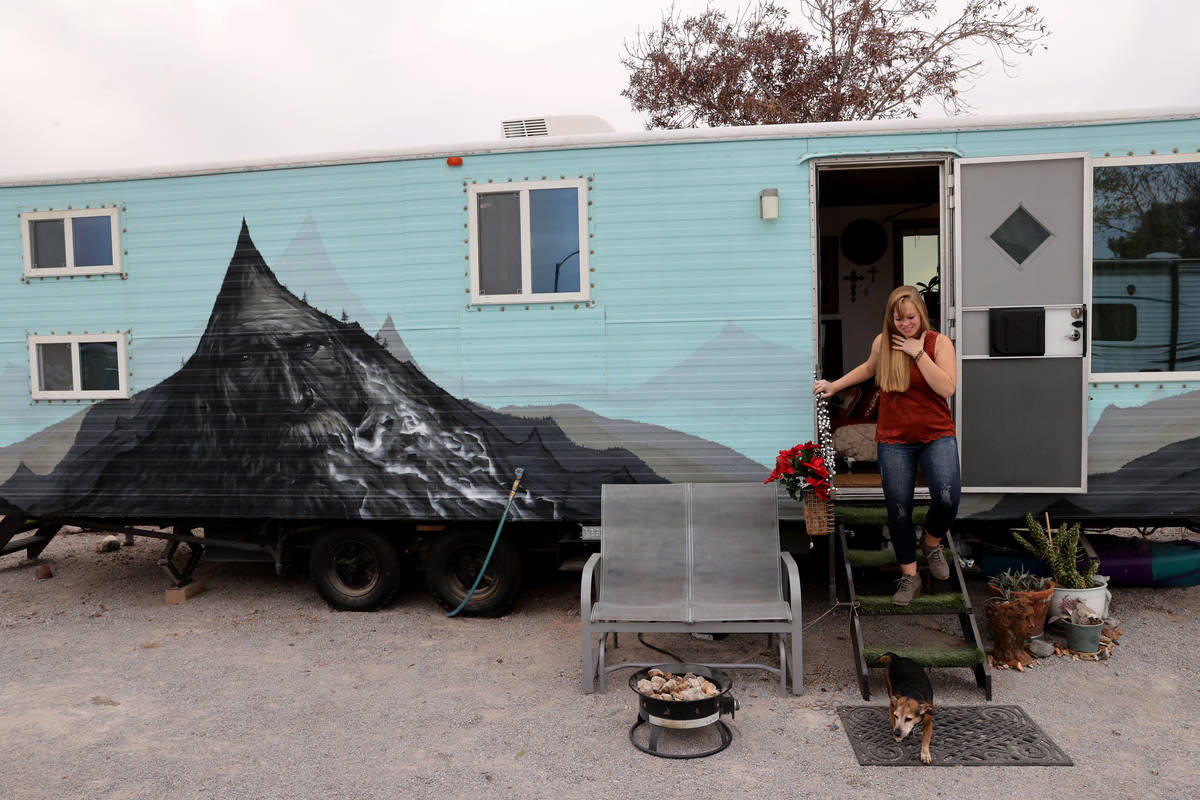 Hannah Doss and her dog Banjo at their tiny home in Boulder City Friday, Dec. 11, 2020. Doss bo ...