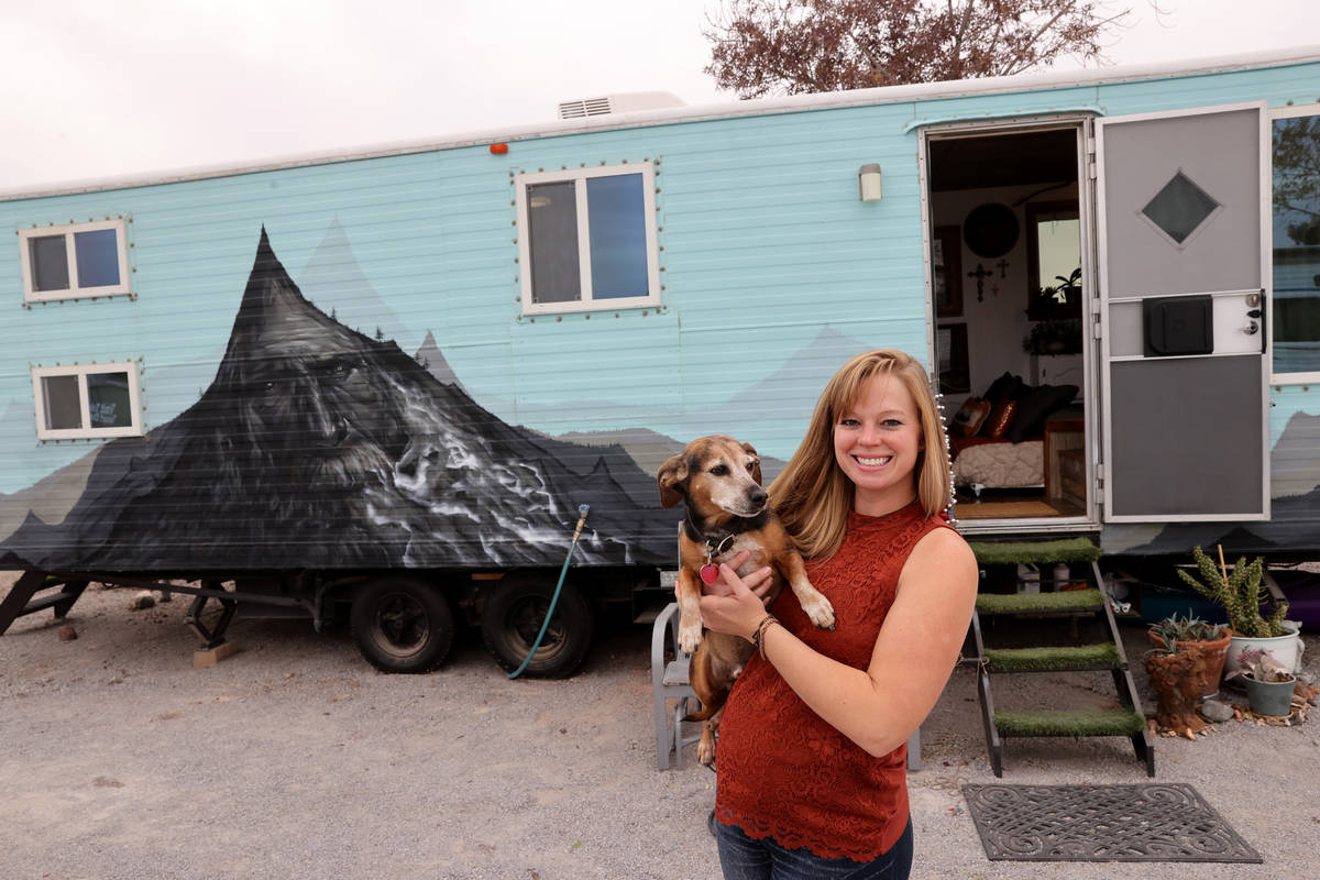 Hannah Doss and her dog Banjo at their tiny home in Boulder City Friday, Dec. 11, 2020. Doss bo ...