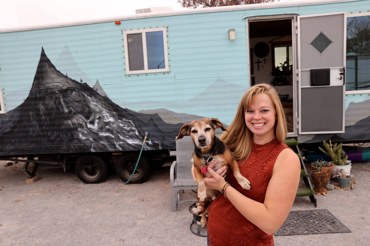 Hannah Doss and her dog Banjo at their tiny home in Boulder City Friday, Dec. 11, 2020. Doss bo ...