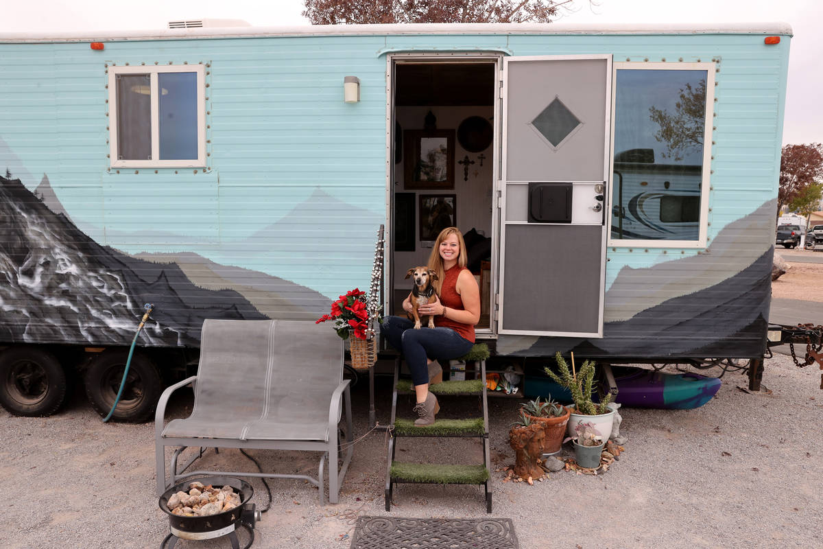Hannah Doss and her dog Banjo at their tiny home in Boulder City Friday, Dec. 11, 2020. Doss bo ...