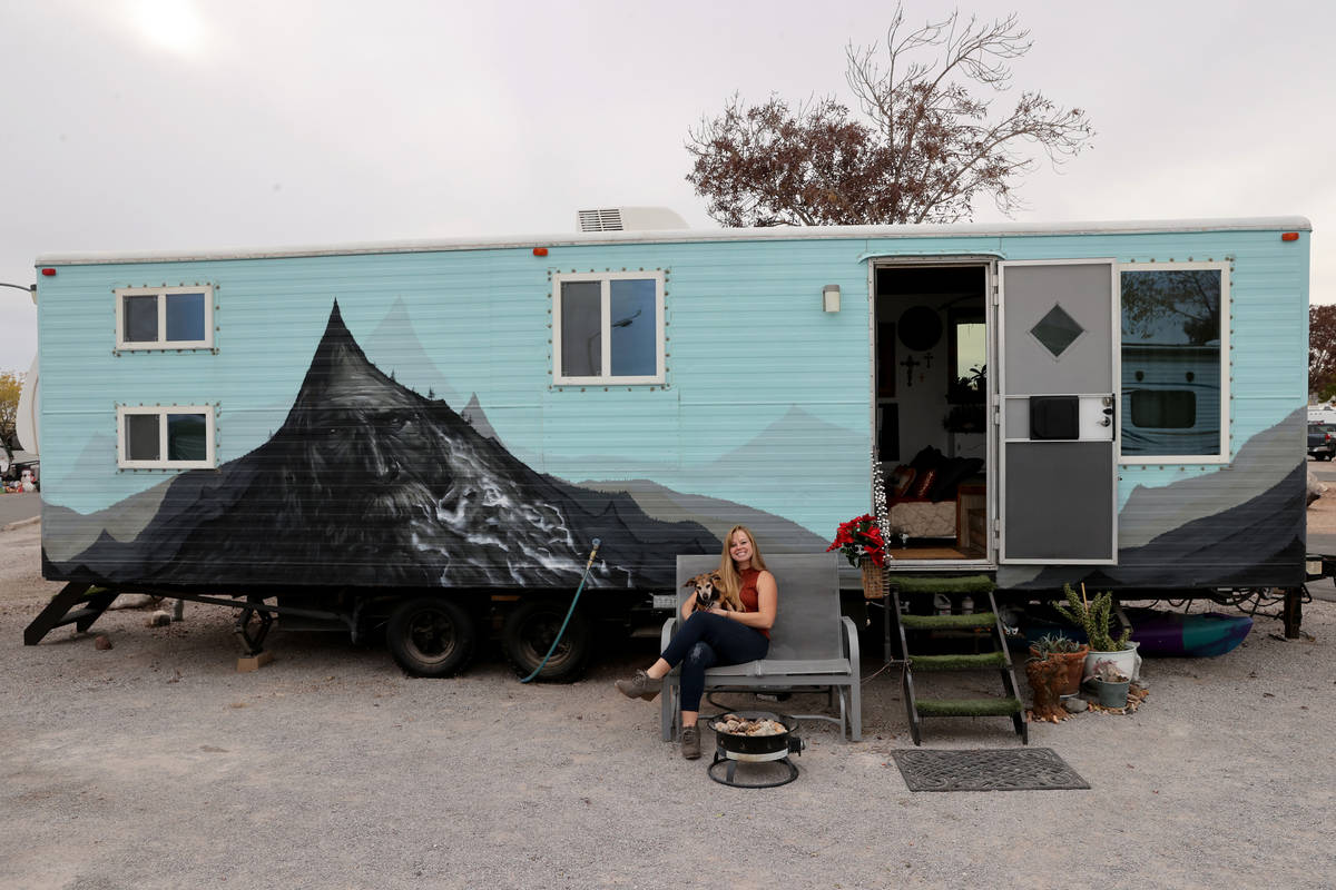 Hannah Doss and her dog Banjo at their tiny home in Boulder City Friday, Dec. 11, 2020. Doss bo ...