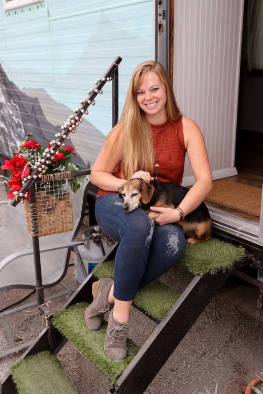 Hannah Doss and her dog Banjo at their tiny home in Boulder City Friday, Dec. 11, 2020. Doss bo ...