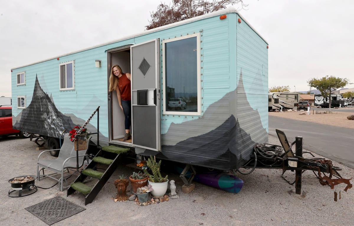 Hannah Doss at her tiny home in Boulder City Friday, Dec. 11, 2020. Doss bought the old railroa ...