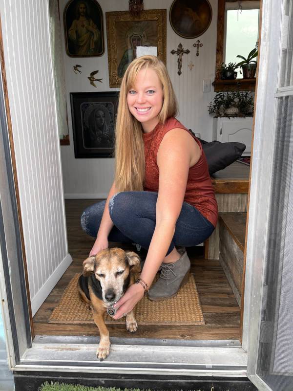 Hannah Doss and her dog Banjo at their tiny home in Boulder City Friday, Dec. 11, 2020. Doss bo ...