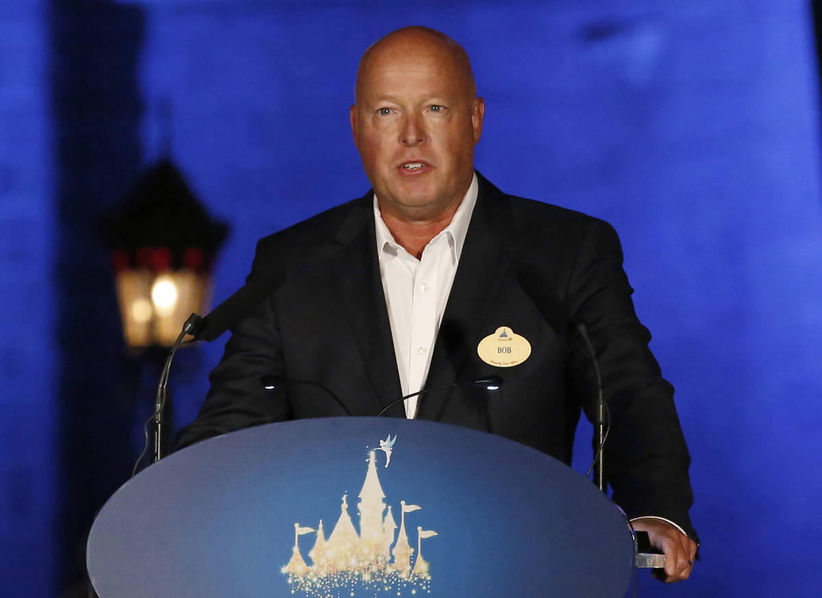 FILE - Disney chief executive Bob Chapek speaks during a ceremony at Hong Kong Disneyland on Se ...