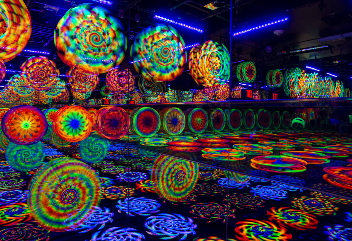 A view of the kinetic spinner infinity room during a tour of Wink World at Area15 in Las Vegas ...