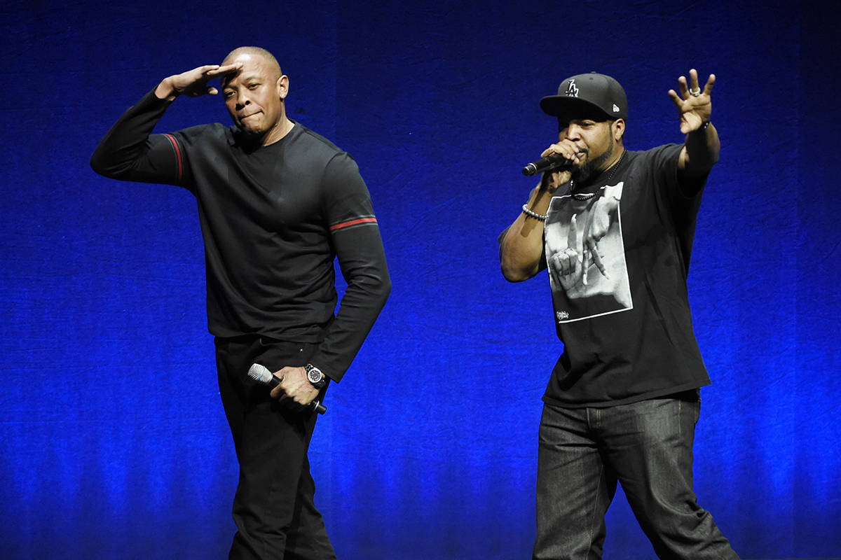 FILE - In this Thursday, April 23, 2015, file photo, N.W.A. members Dr. Dre, left, and Ice Cube ...