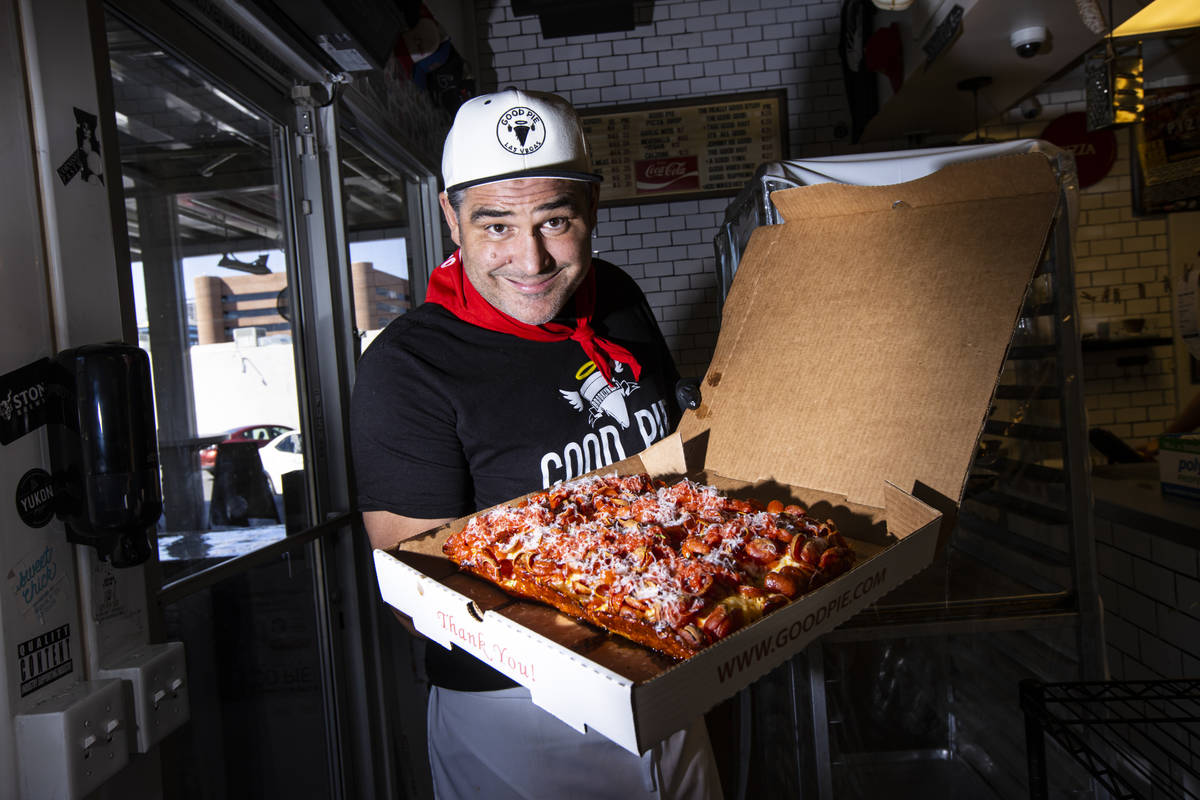 Good Pie owner Vincent Rotolo with a triple pepperoni Detroit style pizza. (Chase Stevens/Las V ...