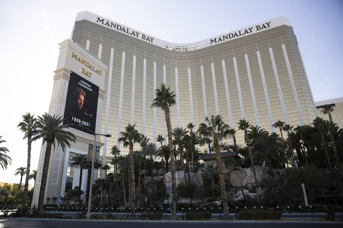 The Mandalay Bay marquee displays a picture in memory of Siegfried Fischbacher in Las Vegas, on ...