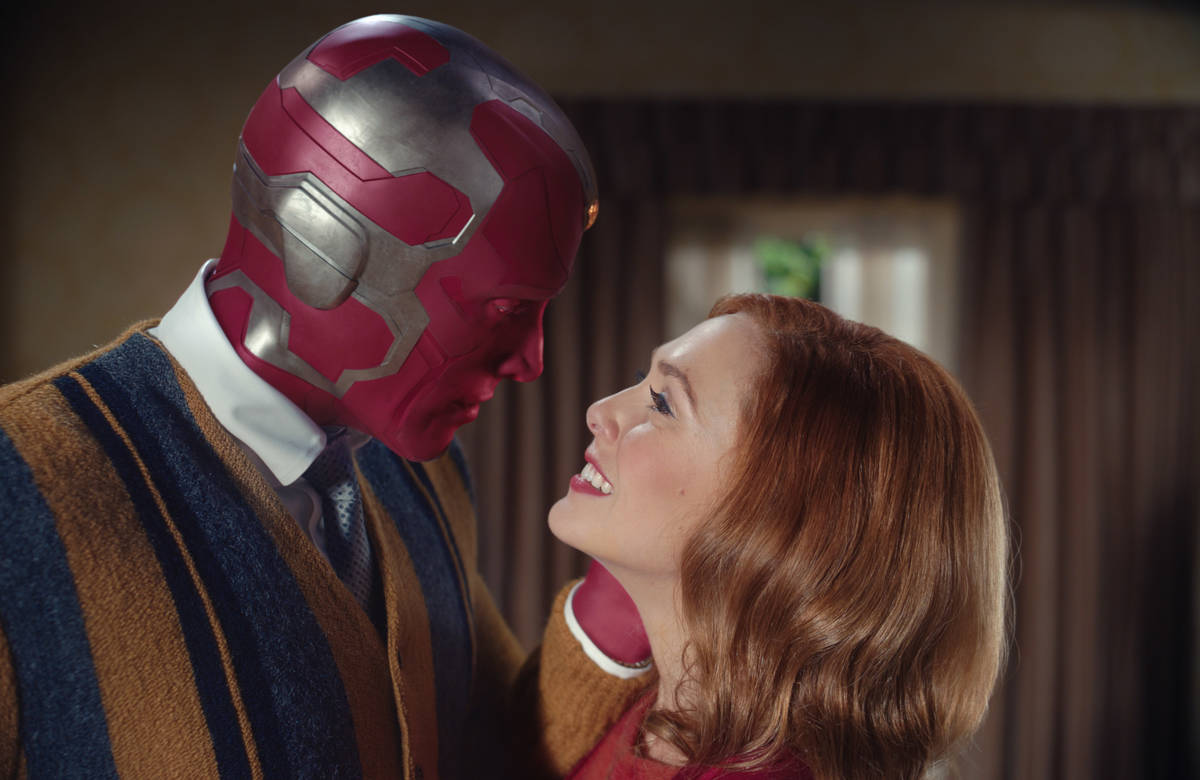 Elizabeth Olsen as Wanda Maximoff and Paul Bettany as Vision star in the Disney+ series "WandaV ...