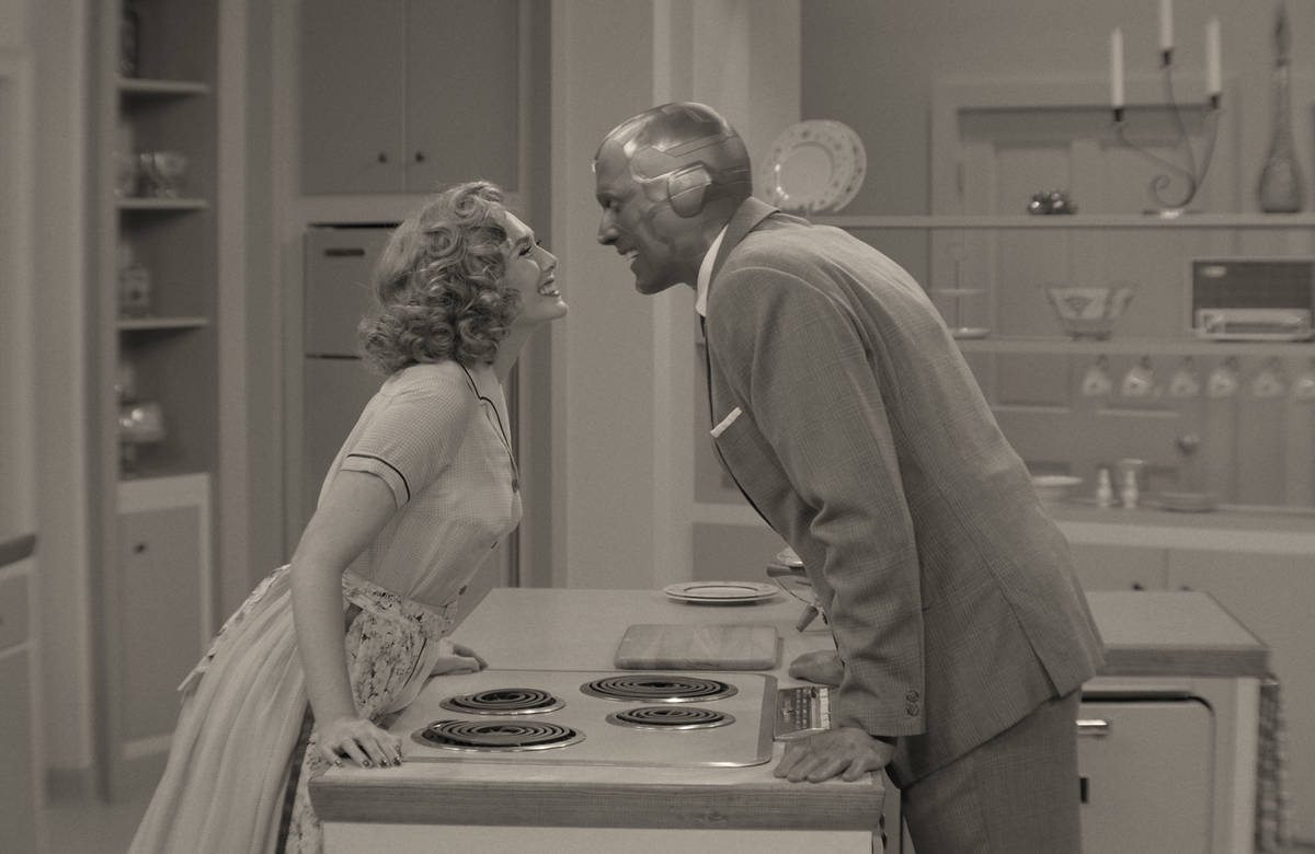 Elizabeth Olsen as Wanda Maximoff and Paul Bettany as Vision star in the Disney+ series "WandaV ...