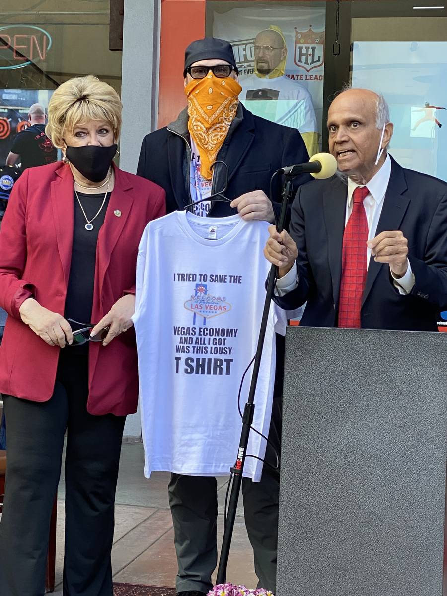 Las Vegas Mayor Carolyn Goodman, Hate League owner Tim Tempas and Neonopolis owner Rohit Joshi ...