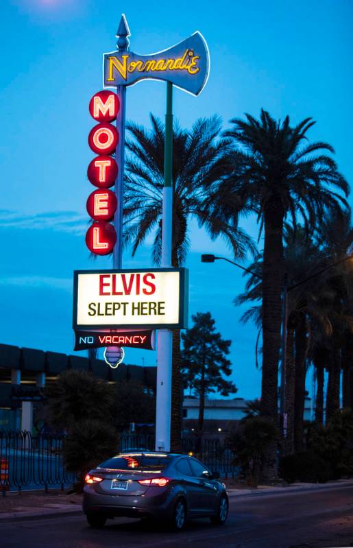 The restored neon sign for the The Normandie Motel on Las Vegas Boulevard in Las Vegas, Wednesd ...