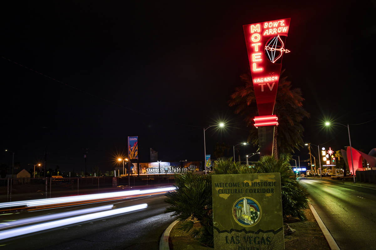 The restored neon sign from the Bow & Arrow Motel on Las Vegas Boulevard in Las Vegas, Thur ...