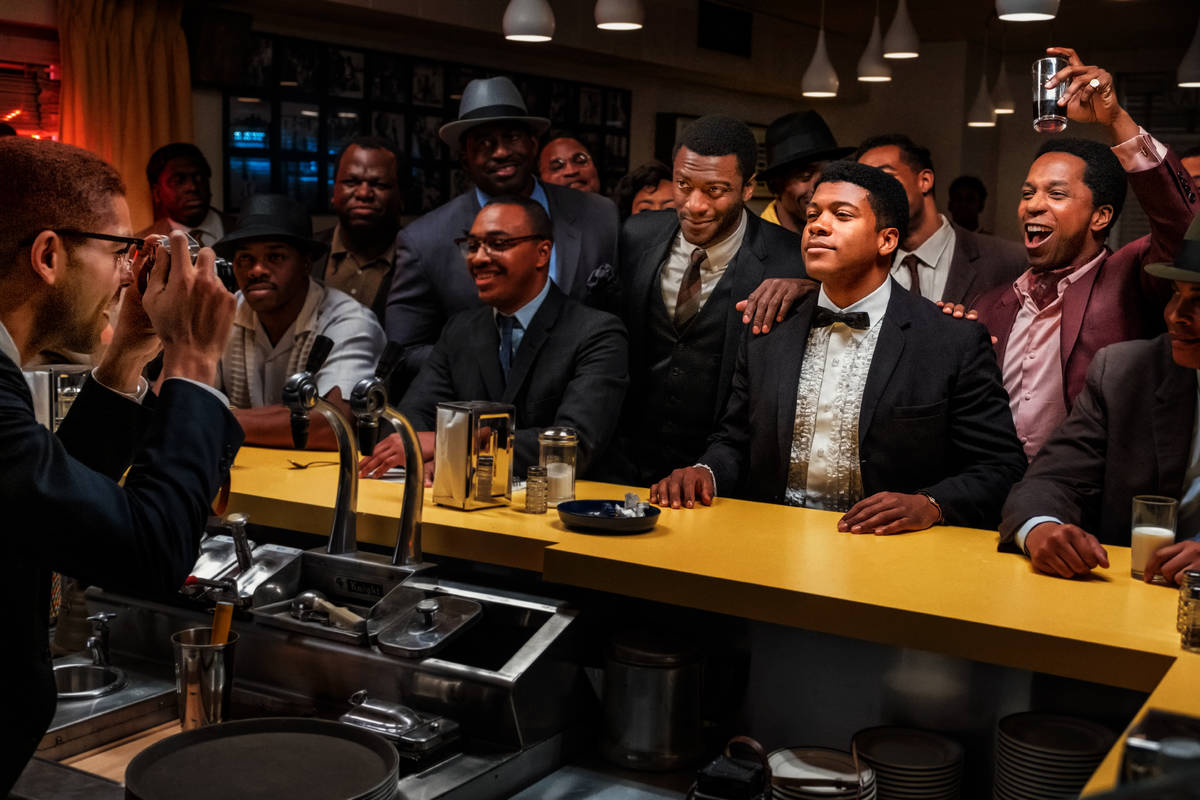 This image released by Amazon Studios shows, from right, Leslie Odom Jr., Eli Goree and Aldis H ...