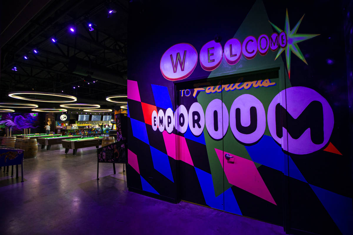 A view of second level entrance to the Emporium arcade bar at Area15 in Las Vegas on Thursday, ...