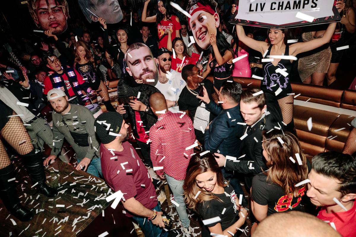 The scene at the Kansas City Chiefs' victory party at Omnia Nightclub at Caesars Palace on Satu ...