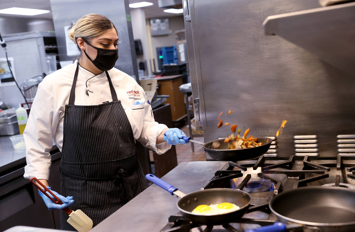 Chef Teresa Ramirez makes Prime Rib Hash, a menu item at the new Lucky Penny Cafe at Red Rock R ...