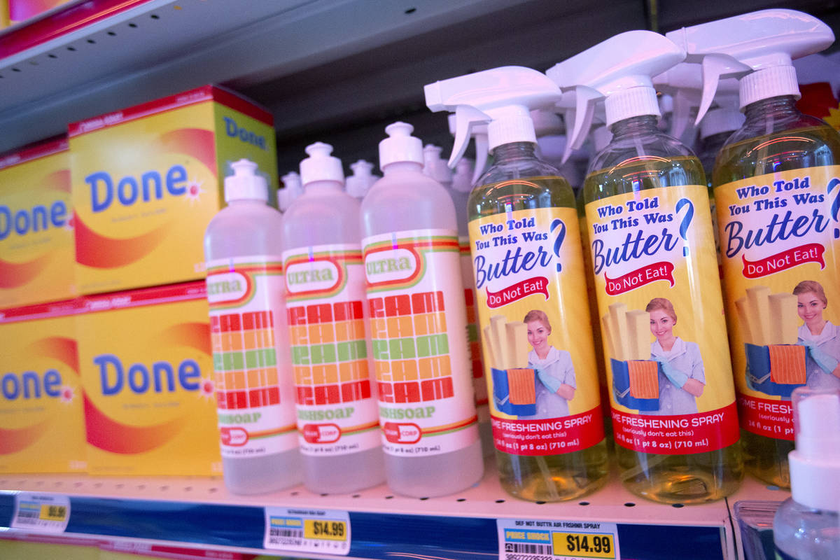 Cleaning supplies are cleverly named in the Omega Mart at Area15 on Tuesday, Feb. 16, 2021, in ...
