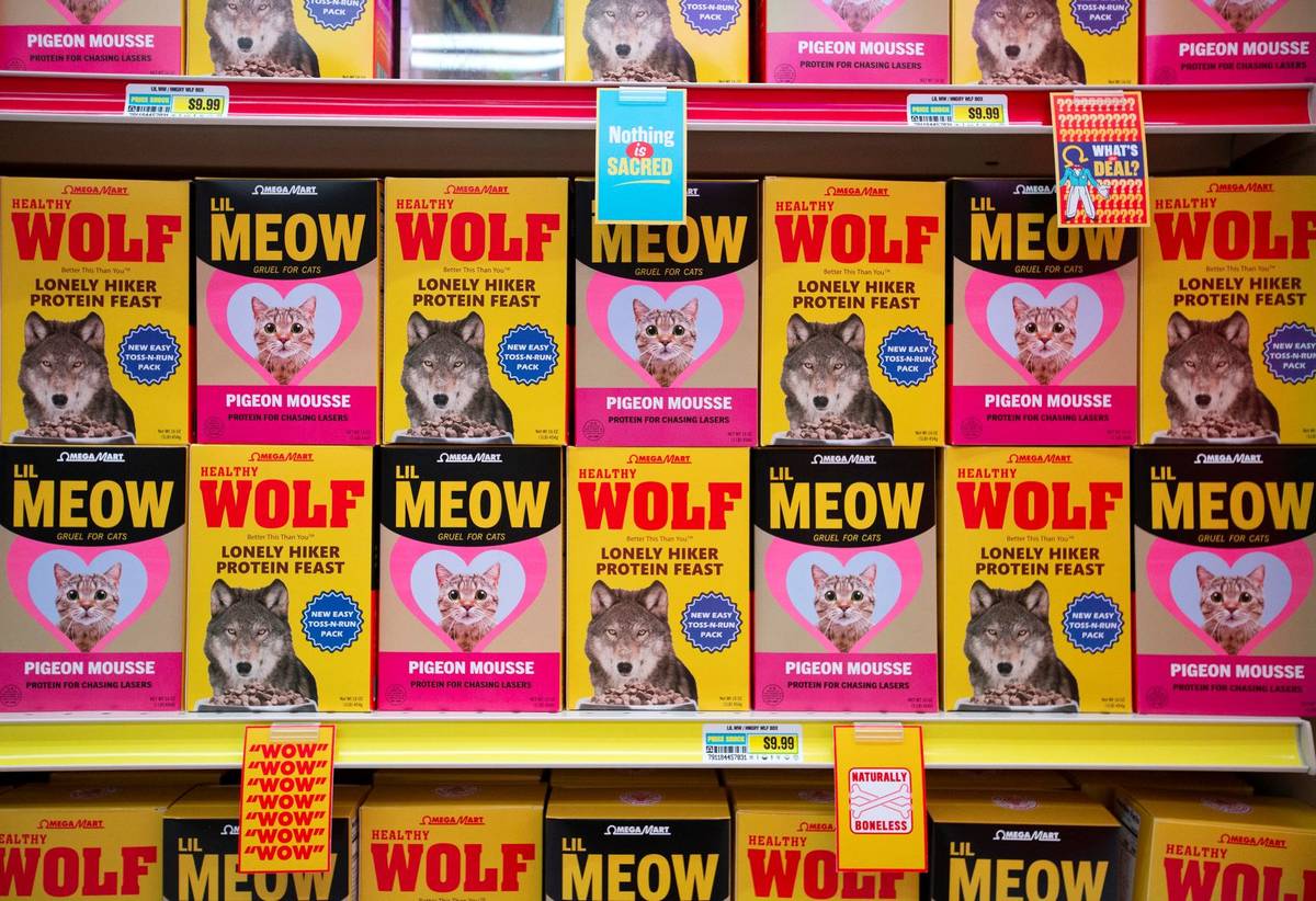 Food for cats and wolves is for sale in the grocery store at the Omega Mart at Area15 on Thursd ...