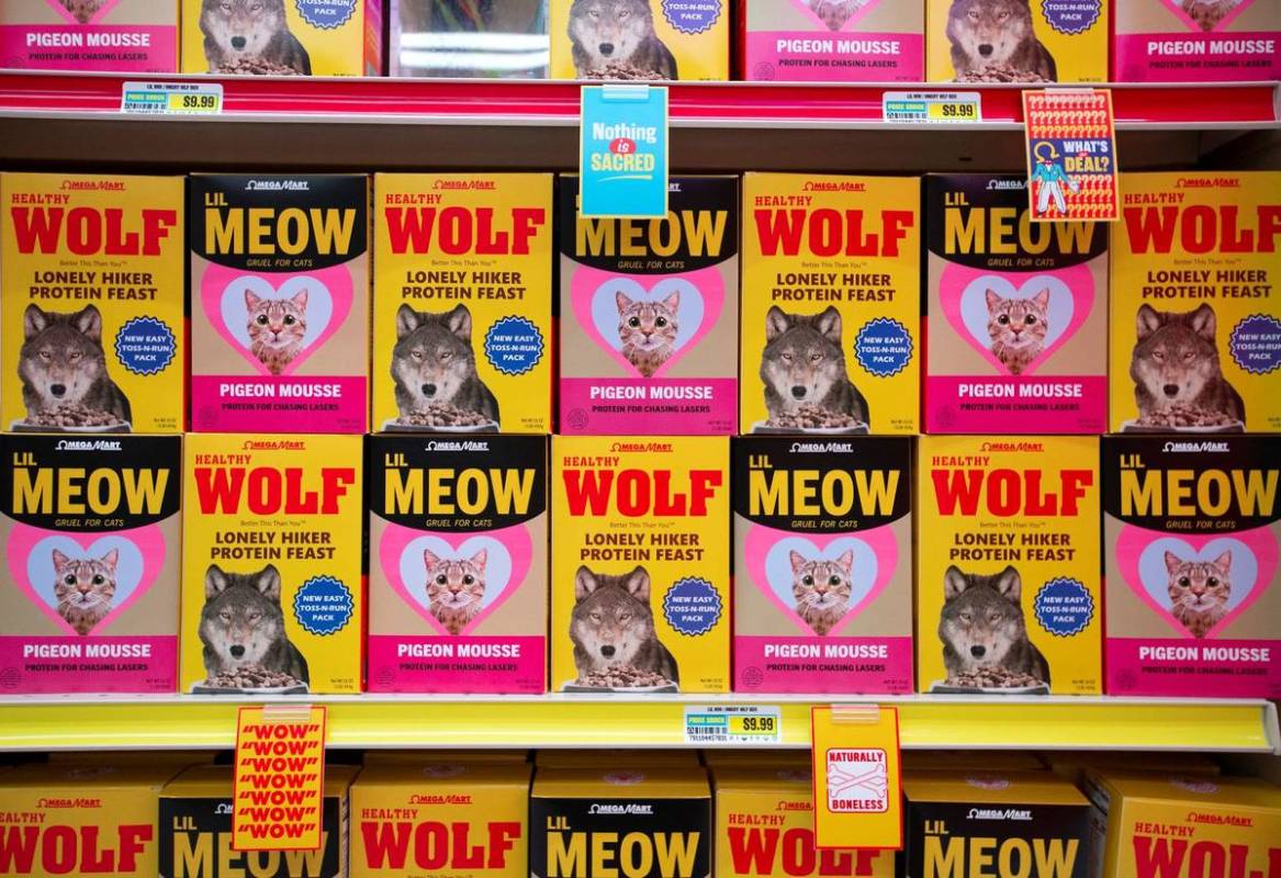 Food for cats and wolves is for sale in the grocery store at the Omega Mart at Area15 on Thursd ...