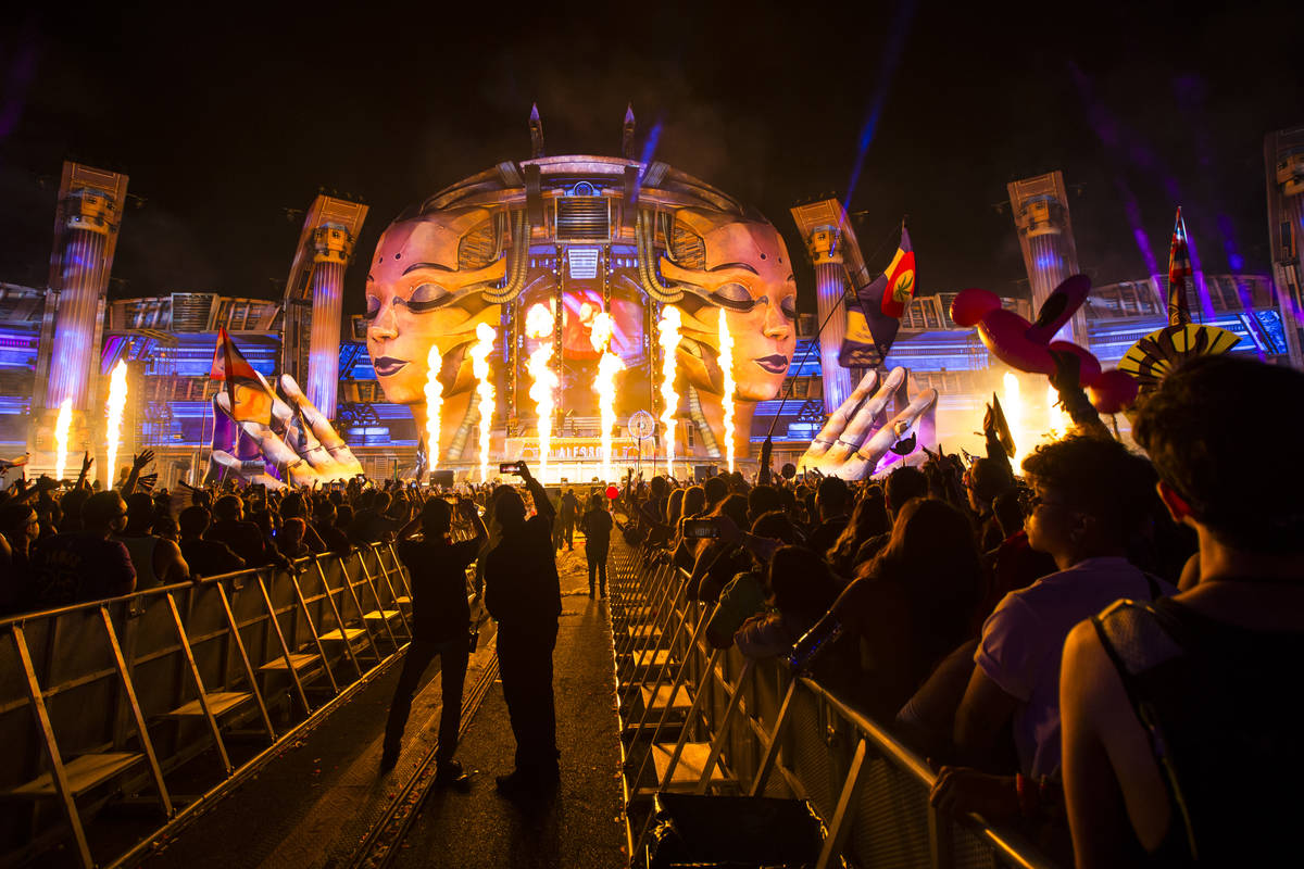 Pyrotechnics go off as Alesso performs at the Kinetic Field stage during the first day of the E ...