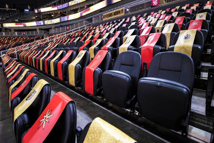 Socially distanced seats at T-Mobile Arena on Thursday, Feb. 25, 2021, in Las Vegas. The Golden ...