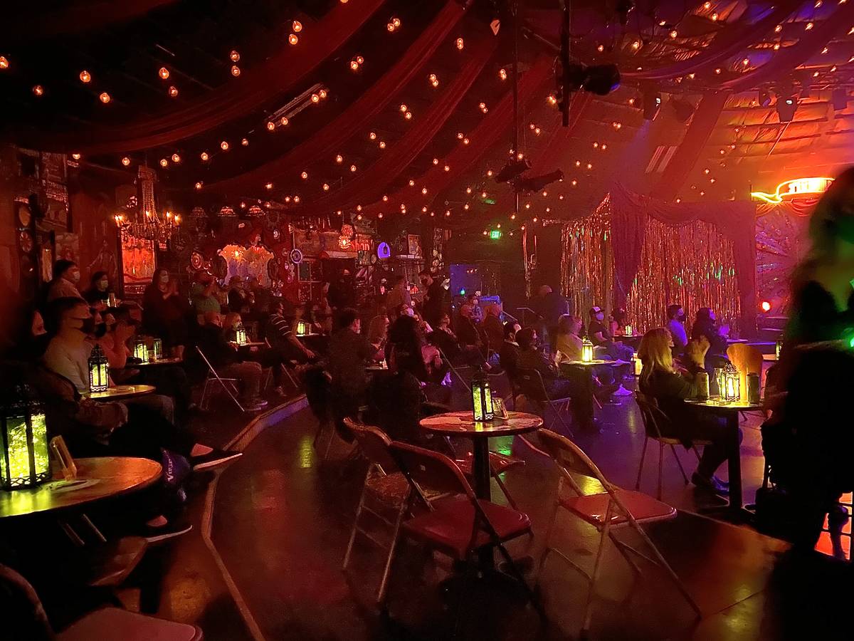 A look at the crowd at the "Absinthe" Spiegeltent on Wednesday, March 17, 2021. (John Katsilome ...