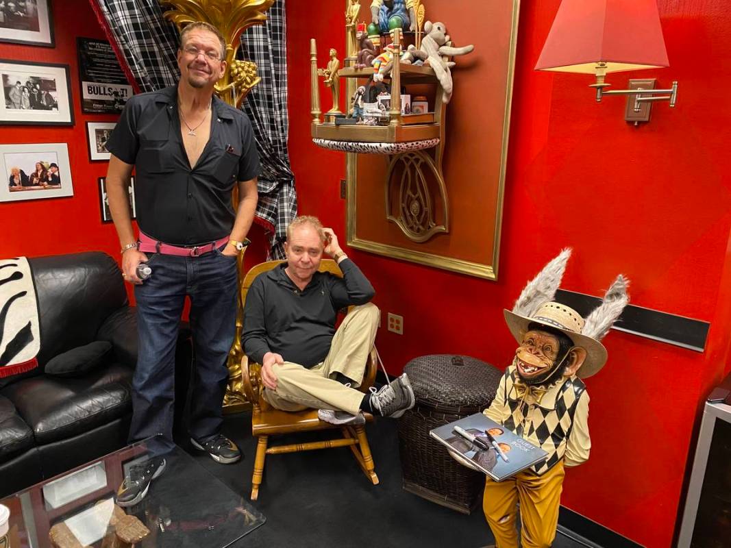 Penn & Teller are shown in the Monkey Room at the Rio on Tuesday, Feb. 25, 2020. (John Katsilom ...