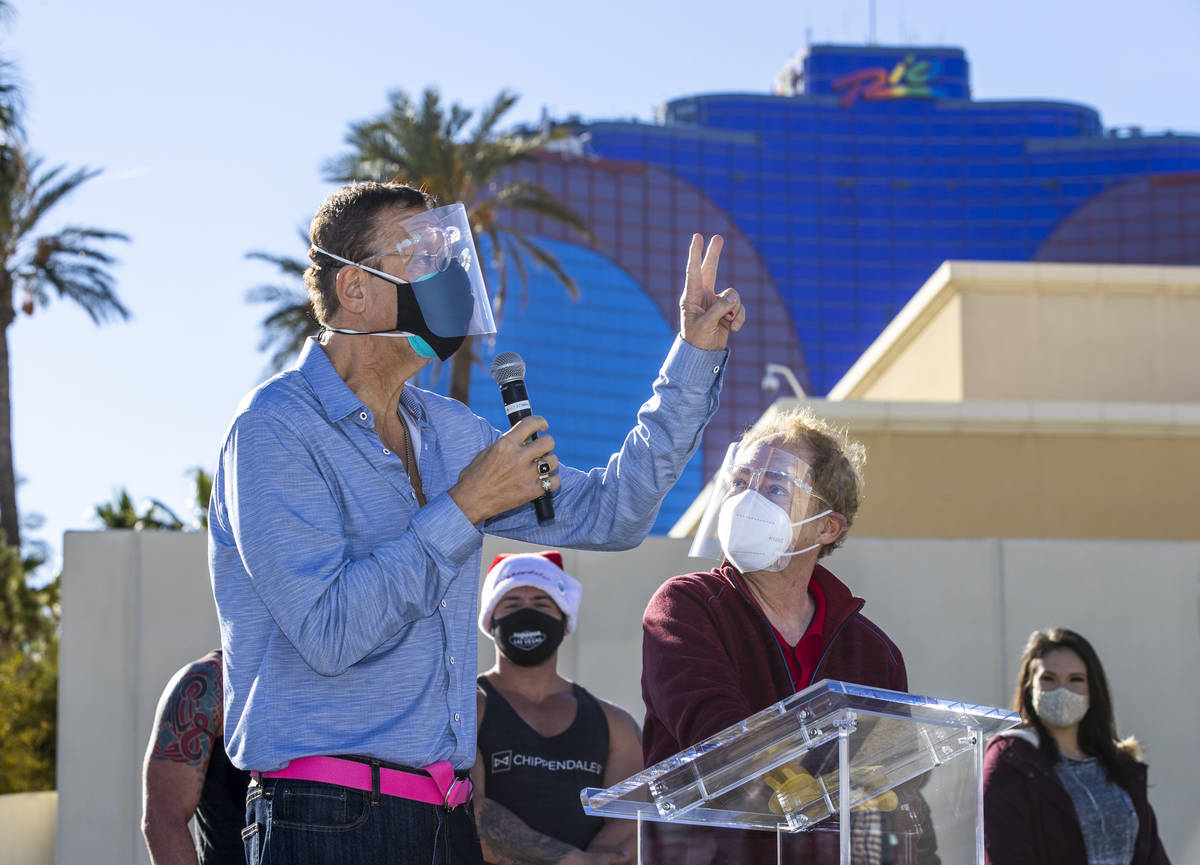 Penn & Teller welcome everyone back during the re-opening of the Rio on Tuesday, Dec. 22, 2020, ...