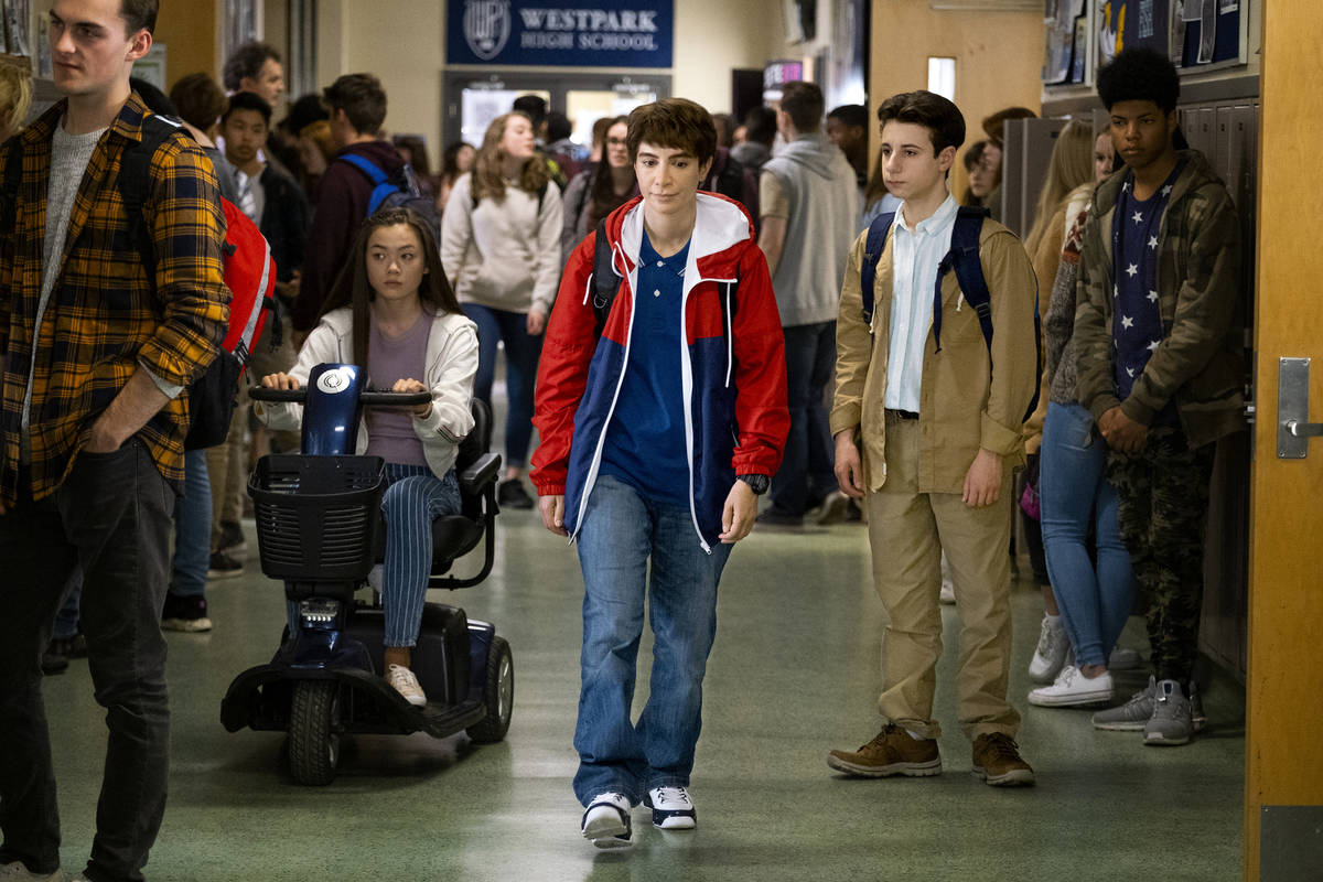 From left, Alexa Loo, Nasim Pedrad and Jake Ryan in "Chad." (Liane Hentscher/WarnerMedia)