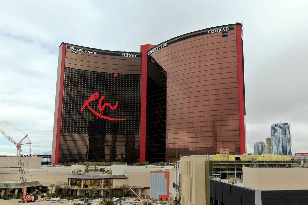 An aerial photo of Resorts World Las Vegas under construction on the former site of the Stardus ...