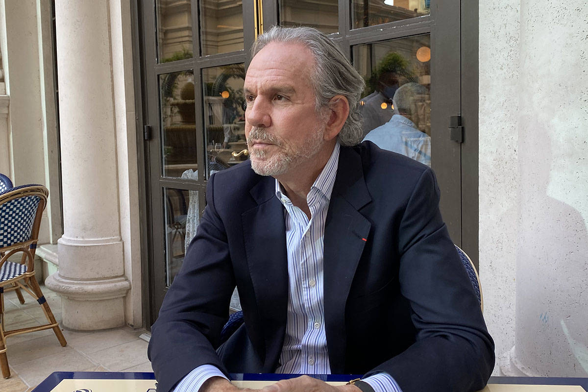 Chef Thomas Keller on the patio at Bouchon at The Venetian on April 9, 2021. (Al Mancini/Las Ve ...