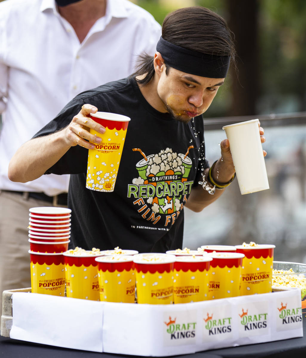 Matt Stonie competes in the World Popcorn Eating Championship during the "Red Carpet Film Feast ...