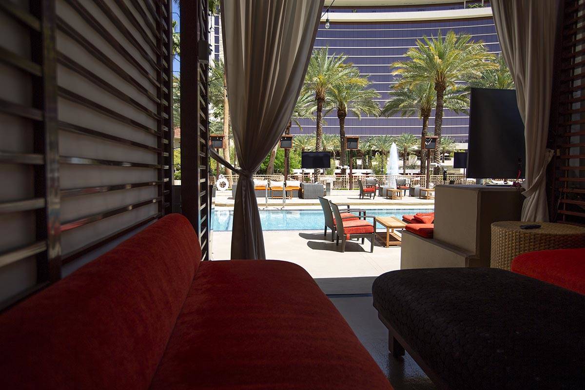 The pool area on the patio at the Golden Knights-themed popup at Crimson Lounge at Red Rock Cas ...