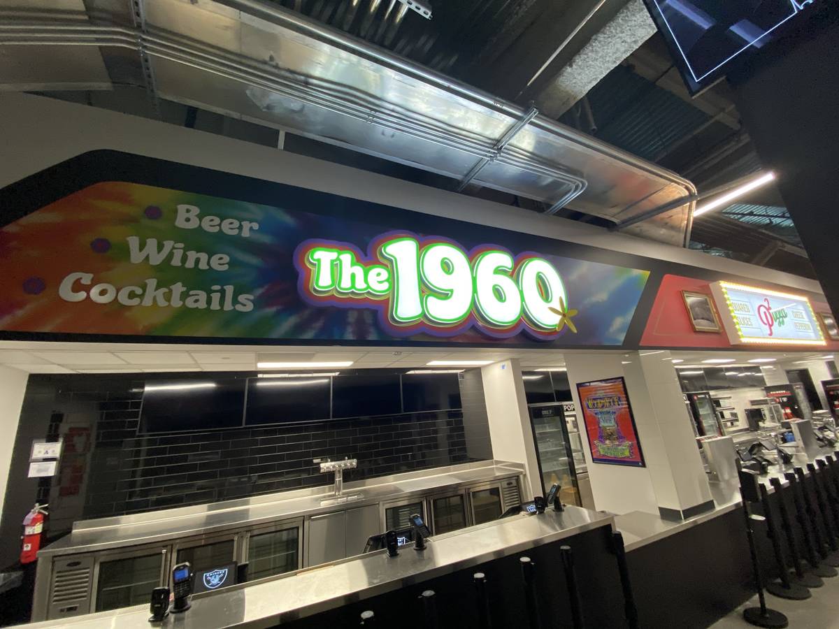 The 1960 bar at Allegiant Stadium is shown on Thursday, April 29, 2021. (John Katsilometes/Las ...