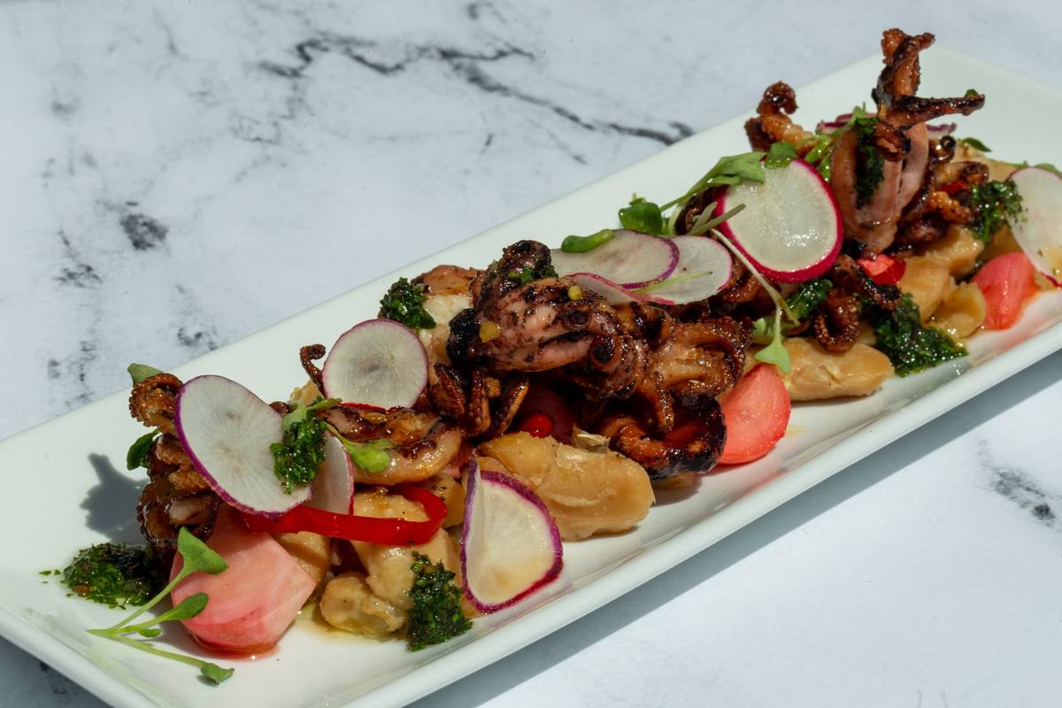 Charred baby octopus will be served with limoncello vinaigrette, gigante beans and salsa verde. ...
