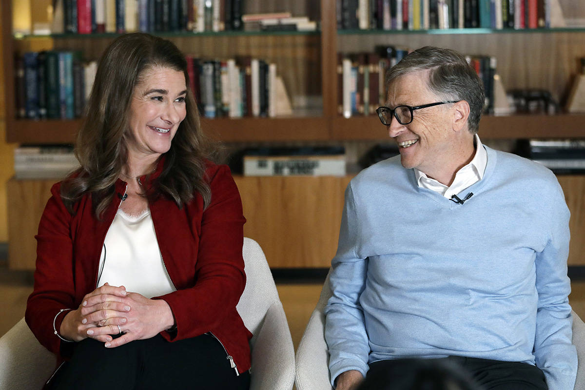FILE - In this Feb. 1, 2019, file photo, Bill and Melinda Gates smile at each other during an i ...
