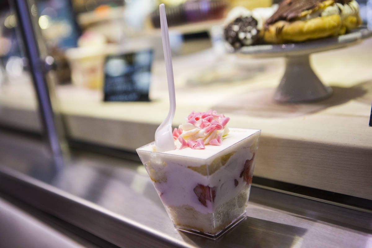 The strawberry shortcake dessert cup from Freed's Bakery before the start of a Golden Knights g ...