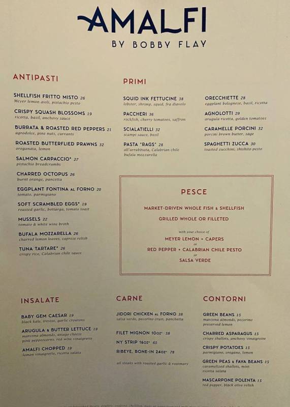The opening night dinner menu at Amalfi in Caesars Palace. (Al Mancini/Las Vegas Review-Journal)