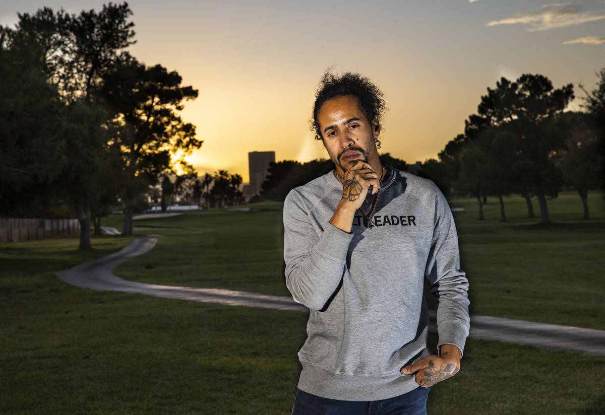 Sin á Tes Souhaits, the new Clark County poet laureate, poses for a portrait in the Paradise P ...