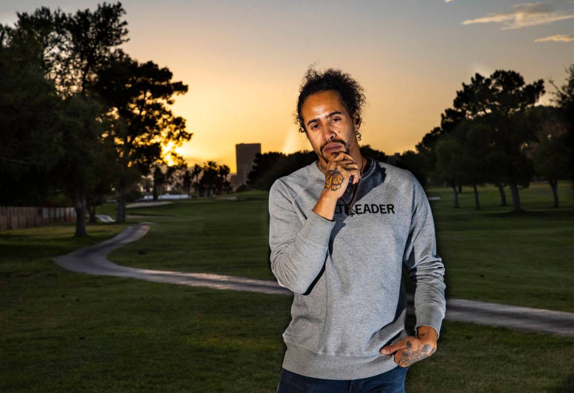Sin á Tes Souhaits, the new Clark County poet laureate, poses for a portrait in the Paradise P ...
