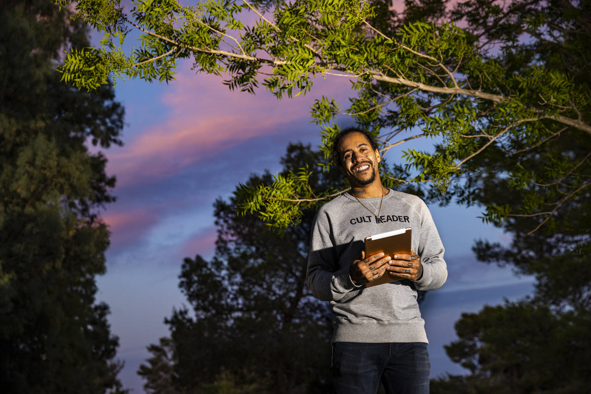 Sin á Tes Souhaits, the new Clark County poet laureate, poses for a portrait in the Paradise P ...