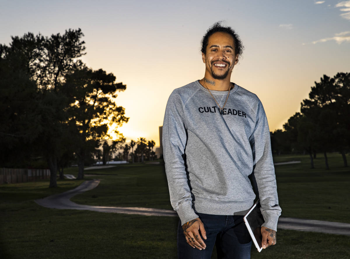 Sin á Tes Souhaits, the new Clark County poet laureate, poses for a portrait in the Paradise P ...