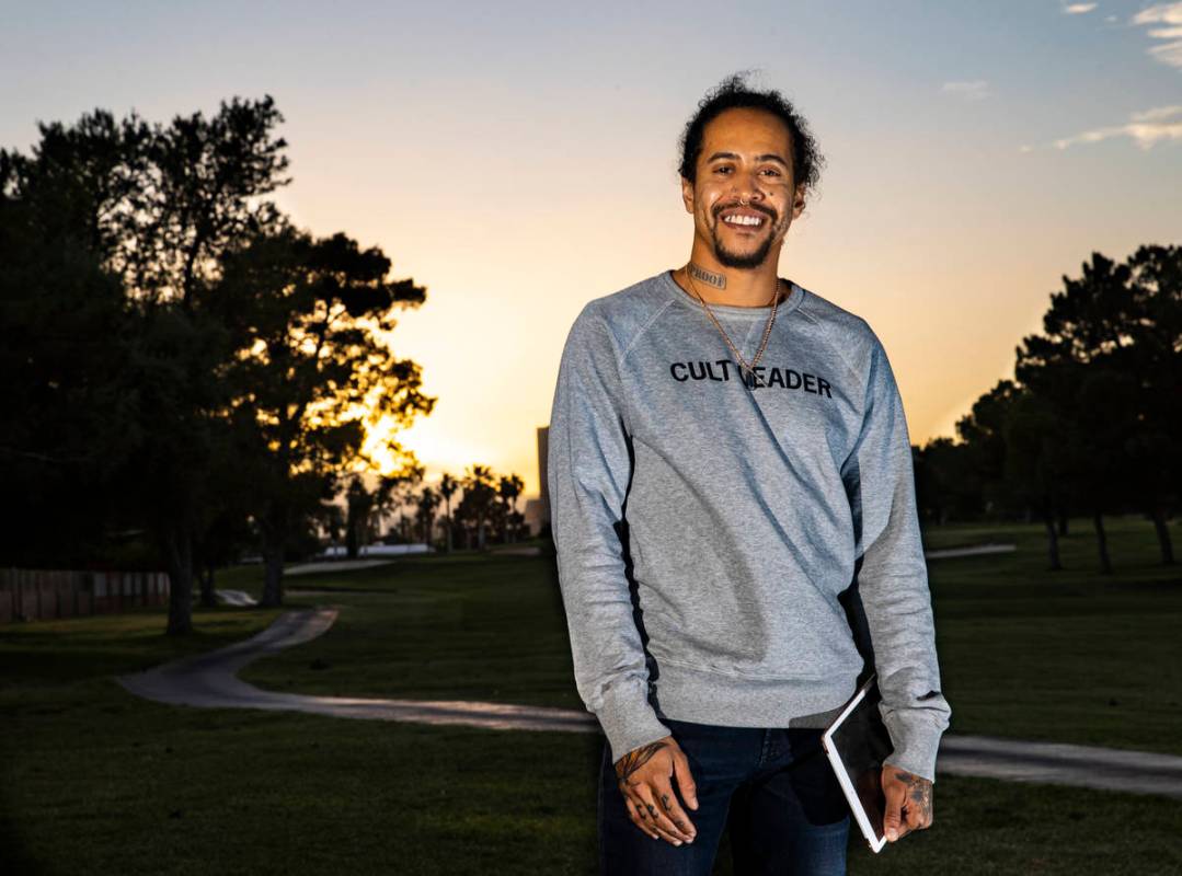 Sin á Tes Souhaits, the new Clark County poet laureate, poses for a portrait in the Paradise P ...