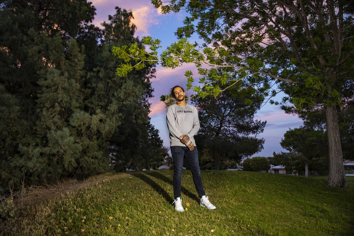 Sin á Tes Souhaits, the new Clark County poet laureate, poses for a portrait in the Paradise P ...