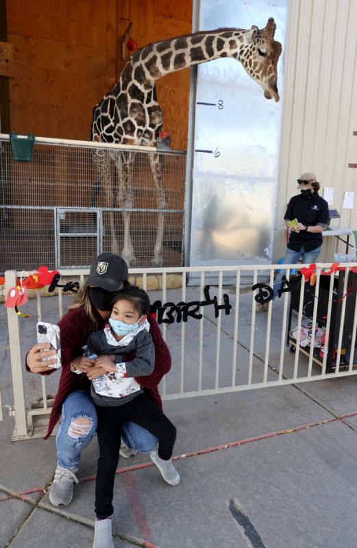 Ozzie the giraffe poses for a photo with Garlene Lao and her daughter Gianna Lao, 4, during a w ...