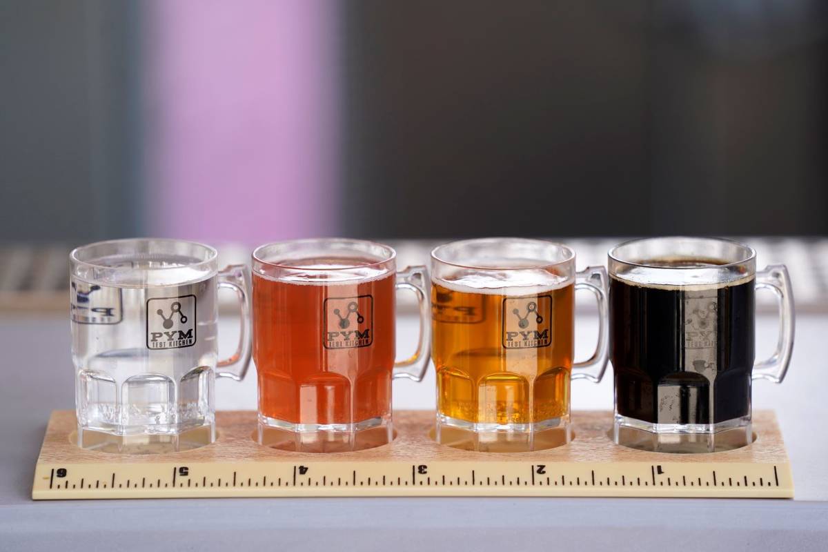 The Pint-Sized Mini Beer Flight from the PYM Tasting Lab appears at the Avengers Campus media p ...