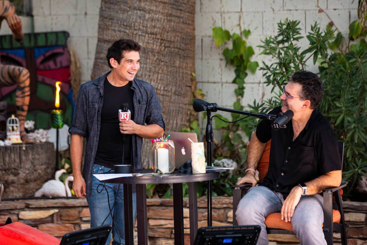 Xavier Mortimer talks with John Katsilometes during the PodKats! "End of Summer bash" with Melo ...