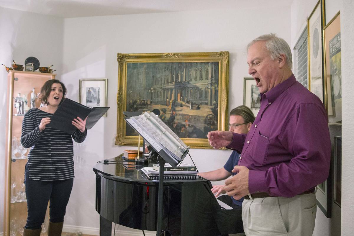 Opera Las Vegas director Jim Sohre, right, rehearses with Athena Mertes for Opera Las Vegas' "B ...